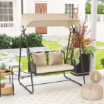 Hollywoodschaukel Rattan 2-Sitzer Gartenschaukel mit verstellbar, Sonnendach Kissen Hängebank, für Garten Balkon, Khaki – Bild 7