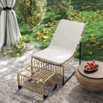 Rattan Relaxsessel mit Fußhocker, Outdoor Rattanstuhl Gartenstuhl für Garten, Balkon, Terrasse, Naturholz – Bild 8