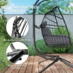 Hängesessel mit Gestell faltbar Hängekorb mit Kissen, Polyrattan, für 2 Personen, belastbar bis 260kg Sessel für Balkon Terrasse, Dunkelgrau – Bild 5