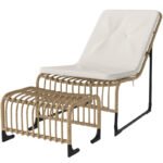 Rattan Relaxsessel mit Fußhocker, Outdoor Rattanstuhl Gartenstuhl für Garten, Balkon, Terrasse, Naturholz