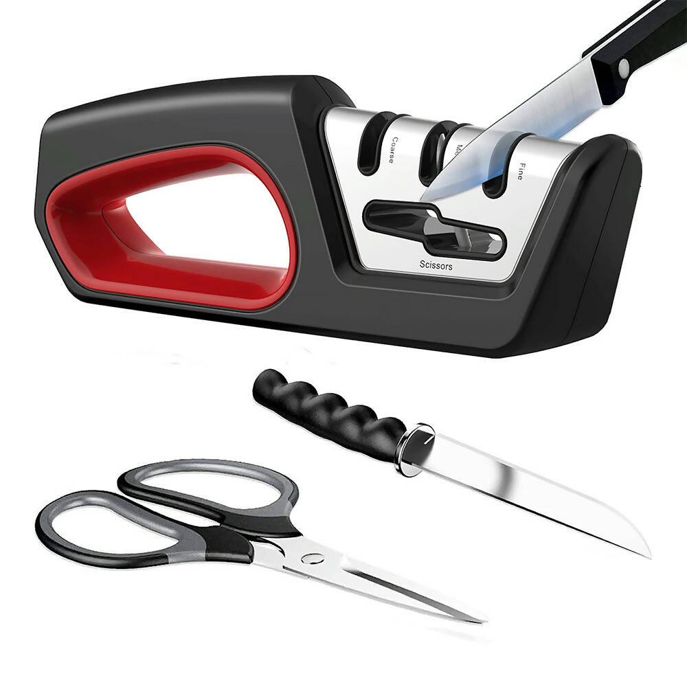 8AfbXaviAr Profi Messerschärfer mit 3-Stufen / Zusätzliche Funktion für Scheren / Manueller Messerschleifer für Entgraten, Formen, Grobschliff, Schärfen, Honen und Polieren / Schleifstein, Rollschleifer, Wetzstahl – Bild 1