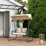 Hollywoodschaukel Rattan 2-Sitzer Gartenschaukel mit verstellbar, Sonnendach Kissen Hängebank, für Garten Balkon, Khaki – Bild 2