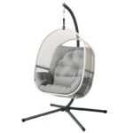 Hängesessel mit Gestell, Eiförmiger Hängeschaukel mit weichem, Outdoor, Terrasse, Garten, Hellgrau