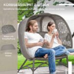 Gartenstuhl 2-Sitzer Papasansessel mit Faltbarem Korb und Kissen, Loungesessel für Balkon und Terrasse, Stahl in Sand, 126 x 75 x 142 cm – Bild 5