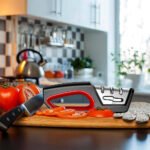 Profi Messerschärfer mit 3-Stufen / Zusätzliche Funktion für Scheren / Manueller Messerschleifer für Entgraten, Formen, Grobschliff, Schärfen, Honen und Polieren / Schleifstein, Rollschleifer, Wetzstahl – Bild 5